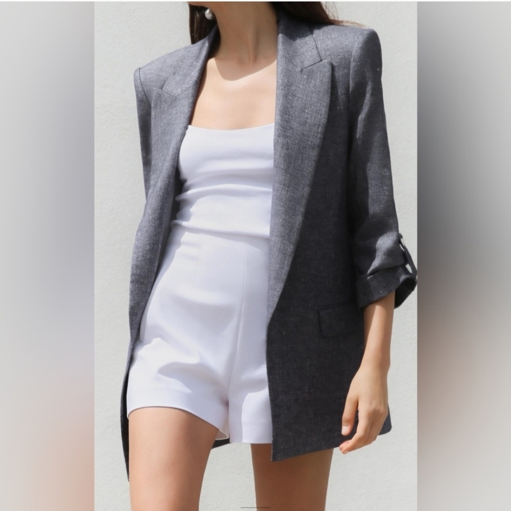 Zara Open Front Linen Blend Blazer In Indigo